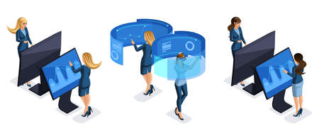 Isometry set of business woman, young businesswoman working with gadgets, virtual screen, front view back viewの写真素材