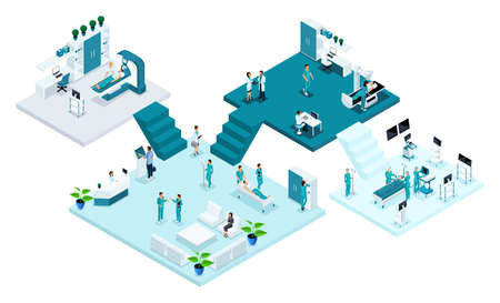 Isometric room of the hospital, Healthcare and innovative technology, medical personnel, patients,...