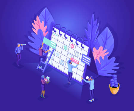 Isometrics people work together web industry. Little people characters make an online schedule. Design business graphics tasks scheduling on a week.の写真素材