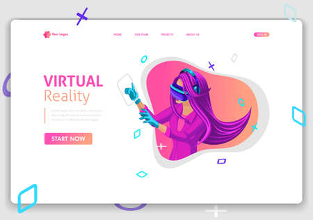Template Website Isometric Landing page concept VR virtual reality concept girl augmented glasses. Easy to edit and customize.のイラスト素材
