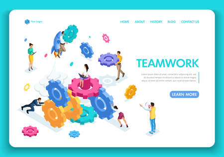Business website template design. Isometric concept work of businessmen, teamwork, brainstorming. Easy to edit and customize.のイラスト素材
