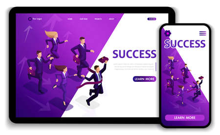 Landing page Isometric Business Success Concept. Entrepreneur business man leader. Businessman and...