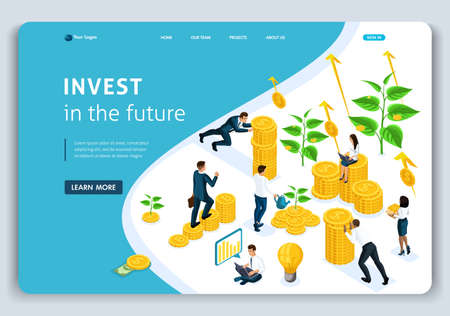 Website Landing page Isometric concept investments in the future, investors carry money to the investment group, profit growth. Easy to edit and customize.のイラスト素材