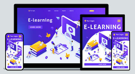 Website Template Landing page Isometric concept library, encyclopedia, e-learning, education, media...