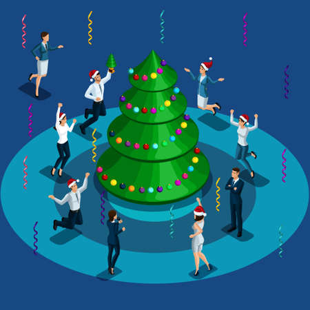 Christmas illustration, Isometric men and women jumping around the Christmas tree, celebrating Christmas, business man happy in bright caps.のイラスト素材