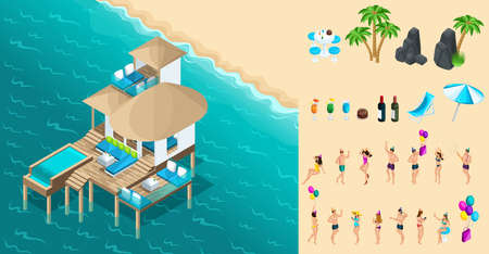 Isometry chic bungalow in the Maldives, a luxury vacation for the rich people, a set of people to create their dreams.のイラスト素材