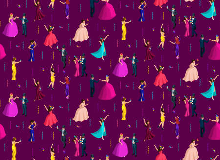 Isometry seamless background, 3d girls and men, masquerade, masks with feathers, candy, Venetian...