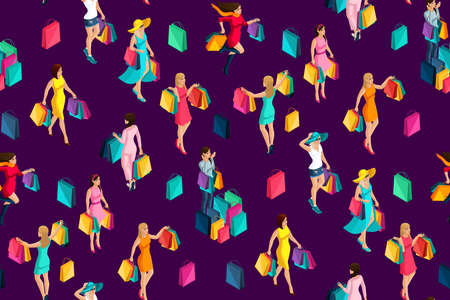Isometrics seamless background, 3d girls, holiday, black Friday, shopping, girls go shopping make a purchase.のイラスト素材