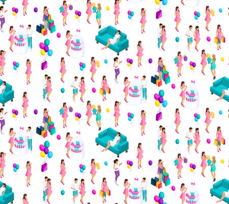 illustrationIsometry seamless background, pregnant girl, 3d couple next to the baby's crib, happy woman, balloons.の写真素材