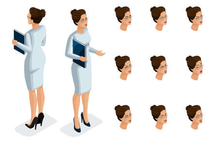 Quality Isometry, 3D business lady, in a stylish dress. Character, a girl with a set of emotions for creating quality vector illustrations.のイラスト素材