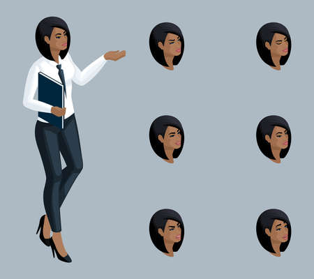 Quality Isometry, 3D business lady, African American girl. Character, a girl with a set of emotions for creating quality vector illustrations.のイラスト素材