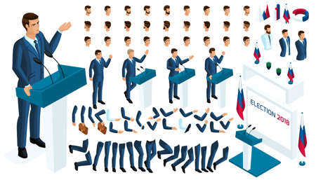 Create your isometric character. 3d man, presidential candidate for the required election, voting. A large set of emotions, gestures for the president.のイラスト素材