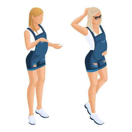 Quality Isometry, a set of pregnant girls in denim overalls, girls on a walk. Set for vector illustrations.のイラスト素材