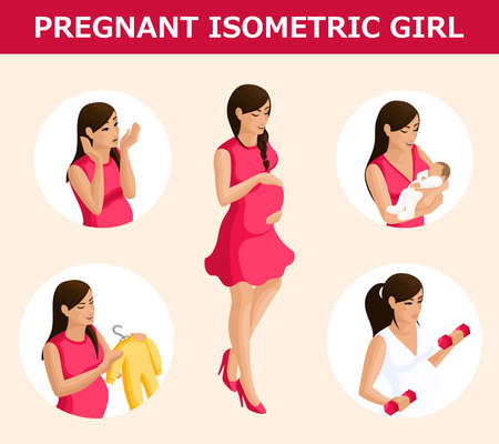 Qualitative Isometry, a set of 3D pregnant women in different situations, with emotional gestures, a basis for infographics.のイラスト素材