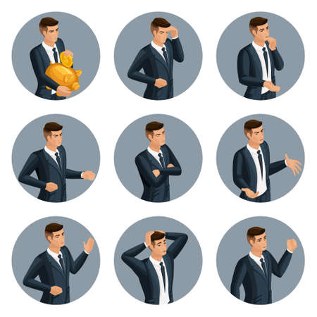 Qualitative Isometry, a set of 3d avatar business men, with emotional gestures, anger, joy, despair, to create their own image of a businessman.のイラスト素材