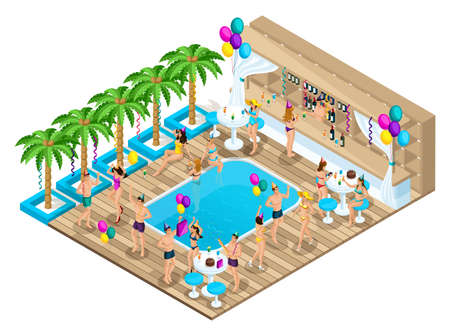 Isometrics of men and women dance, celebrate a birthday, Ibiza, azure coast, warm countries, rich people, recreation, tourist package.のイラスト素材