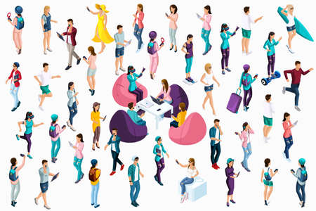 Qualitative Isometry, 3D characters of teenagers and young entrepreneurs around the text, co work, freelancers, students. Vector illustration.のイラスト素材