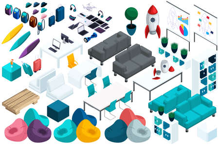 Quality Isometry, a set of colorful furniture for work and leisure of young entrepreneurs, a laptop,...