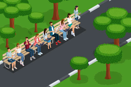 Quality isometrics, the concept of recreation of young people in the park, with laptops with tablets from the phone, remote work. Create your advertising concept.のイラスト素材