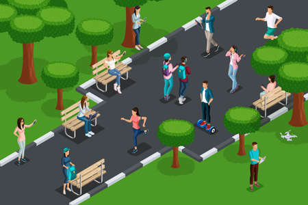 Quality isometrics, the concept of recreation and entertainment of young people in the park, with laptops with tablets from the phone modern gadgets.のイラスト素材