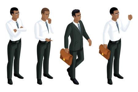 Isometry icons emotions male African American, 3d business men, general manager, attorney. Expression of face, hairstyle. Qualitative isometry of people.のイラスト素材
