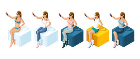 Isometric Set of girls in different clothes sitting on a chair to do selfies, social networks, photos. Set for vector illustrationsのイラスト素材