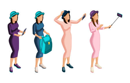 Isometric Set of girls in different fashionable clothes teenagers hipsters, selfies, chat, social networks. Set for vector illustrations.のイラスト素材