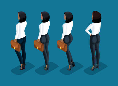 Isometry is a business woman. 3d girl of an African American office worker, in business trousers and a blouse rear view in motion. Human icon for vector illustrations.のイラスト素材