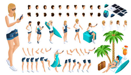 Isometric Set of gestures of hands and feet of the girl 3D teenager, rest, girl in jeans and a vest. Create your character for vector illustrations.のイラスト素材