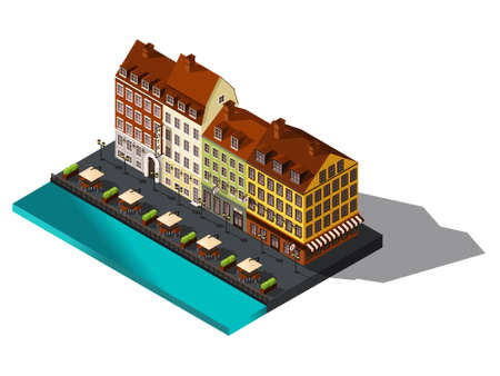 Isometric icon, 3d street from old dov by the sea, hotel, restaurant, Denmark, Copenhagen, Paris, the historic center of the city, old buildings.のイラスト素材