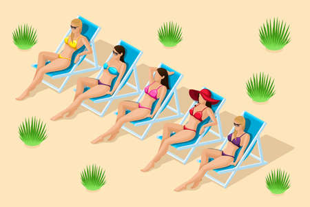 Trendy Isometric people vector, Set of 3D girls on a sandy beach, on deckchairs sunbathing, in different swimsuits, in a hat for beach vector illustrations.のイラスト素材
