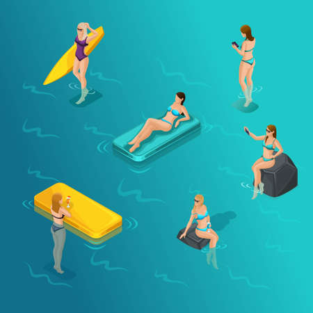 Isometric cartoon people vector, set 3D girl in bathing suits in the sea, surfboard, mattresses, sunbathing summer vector illustration.のイラスト素材