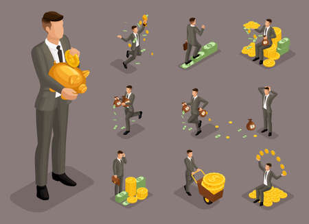 Isometric cartoon people, 3d businessman, rich man with money in different situations, big man and mini concept for vector illustration.のイラスト素材