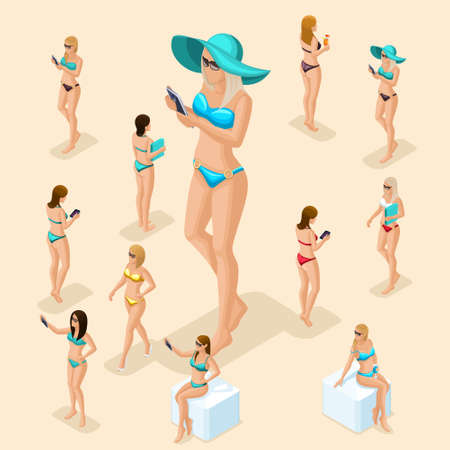 Isometric people set 2 of girl, 3d woman on the beach, great choice, front view rear view, standing, sitting, girl in swimsuit for summer vector illustration.のイラスト素材