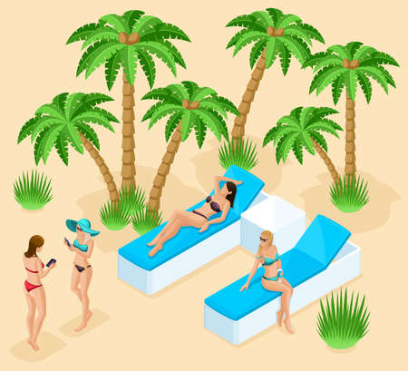 Isometrics of a girl in bathing suits for the beach, 3D women rest on the beach, a resort, the sea, palm trees, cocktails, sunbeds. Qualitative detailing of people in isometryのイラスト素材
