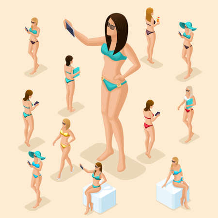 Isometric people set of girl, 3d woman on the beach, great choice, front view rear view, standing, sitting, girl in swimsuit for summer vector illustration.のイラスト素材