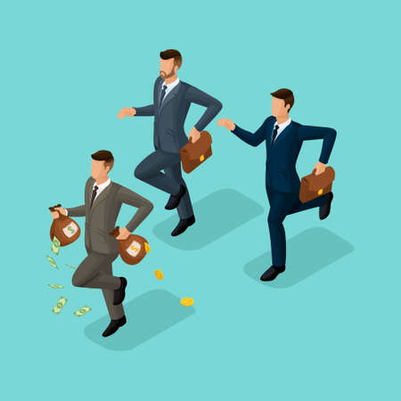 Trendy isometric people, 3d businessman, concept with young businessman, money, profit, gold, running, chasing, money loss isolated on blue background.のイラスト素材