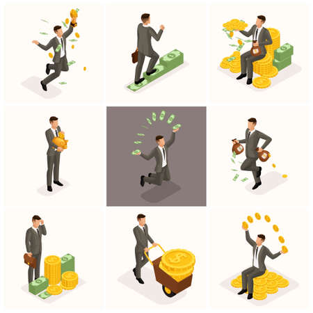 Trendy isometric people, 3d businessman, concept with young businessman, money, success, gold, wealth, joy, work, start-up on a light background.のイラスト素材