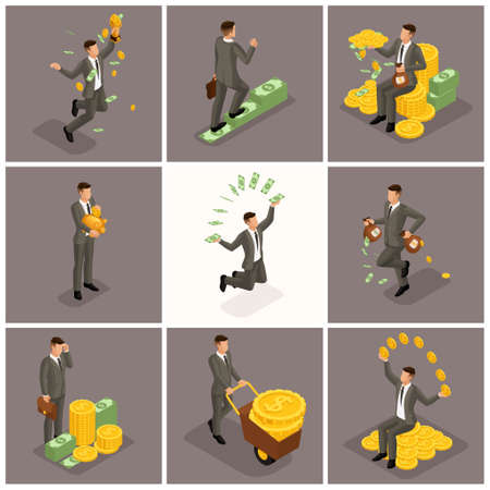 Trendy isometric people, 3d businessman, concept with young businessman, money, success, gold, wealth, joy, work, start-up on a dark background.のイラスト素材