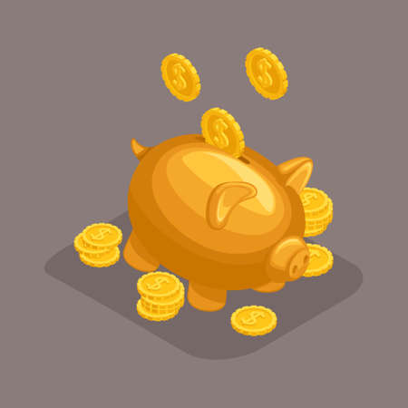 Trendy isometric objects, 3d moneybox, bank deposit concept, golden pig, gold coins falling from the sky isolated on a dark background.のイラスト素材