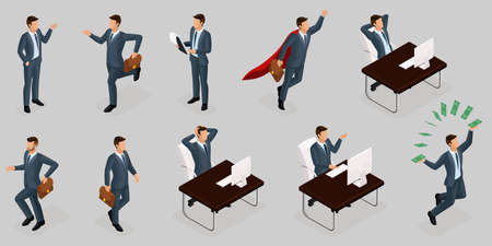 Isometric people, 3d entrepreneurs, different concept scenes, emotions and gestures businessman, superman, management and production isolated gray background.のイラスト素材