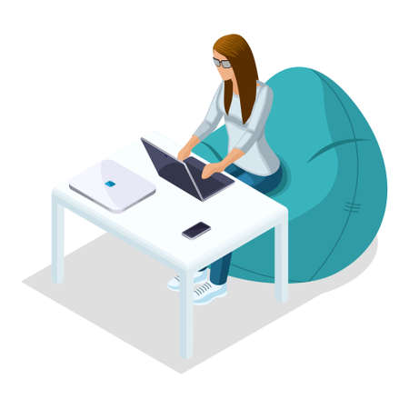 Trendy Isometric people and gadgets, a teenager, a young girl, student, uses hi tech technology, mobile phone, laptop, work, freelance isolated.のイラスト素材