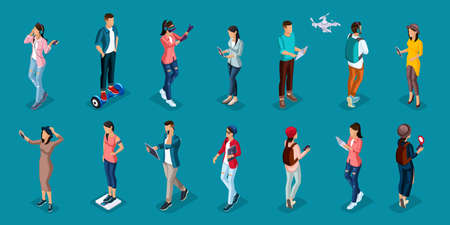 Trendy Isometric people and gadgets, teenagers, young people, students, using hi tech technology,...