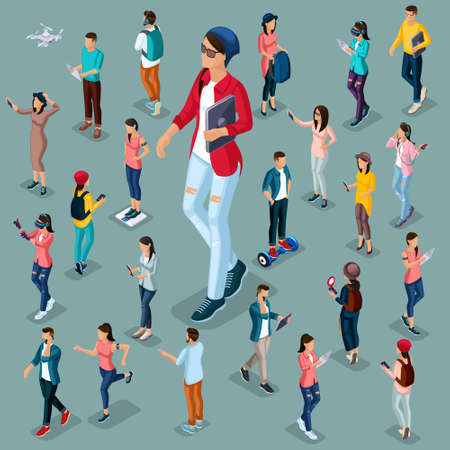 Trendy Isometric people and gadgets, 3D teenagers, students, large group of people, using hi tech technology, a girl with a laptop isolated protagonist.のイラスト素材