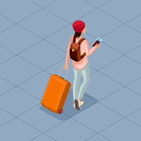 Trendy People Isometric vector 3D teenager, a young girl in a comfortable and stylish clothes, student, freelancer, traveler, vacation, airport, baggage, phone internet social networks.のイラスト素材