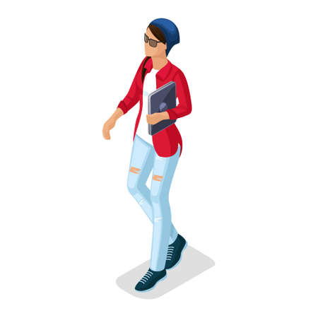 Trendy Isometric people and gadgets, a teenager, a young girl, student, hi tech technology, pad, laptop, stylish clothes isolated.のイラスト素材