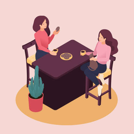Isometric girlfriend spend a weekend together, talking, drinking tea. Great concept for a Landing page.のイラスト素材