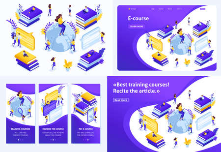 Set Template design article, Landing page, app design, Isometric concept for search for the best e-courses, online learning process.のイラスト素材