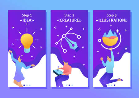 Isometric Template app concept girl designer works, draws, dreams, creates design. Freelancer illustrator, smartphone apps. Easy to edit and customize.のイラスト素材