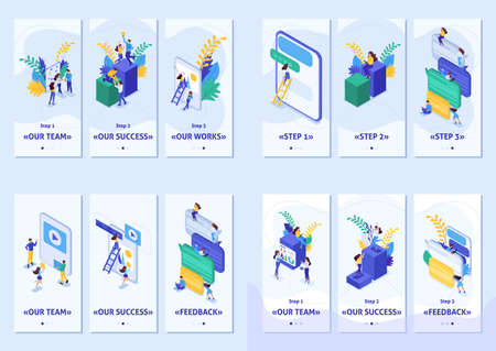 Set Template app, smartphone apps. Isometric concept success in business, feedback, teamwork, project, social network, community.のイラスト素材